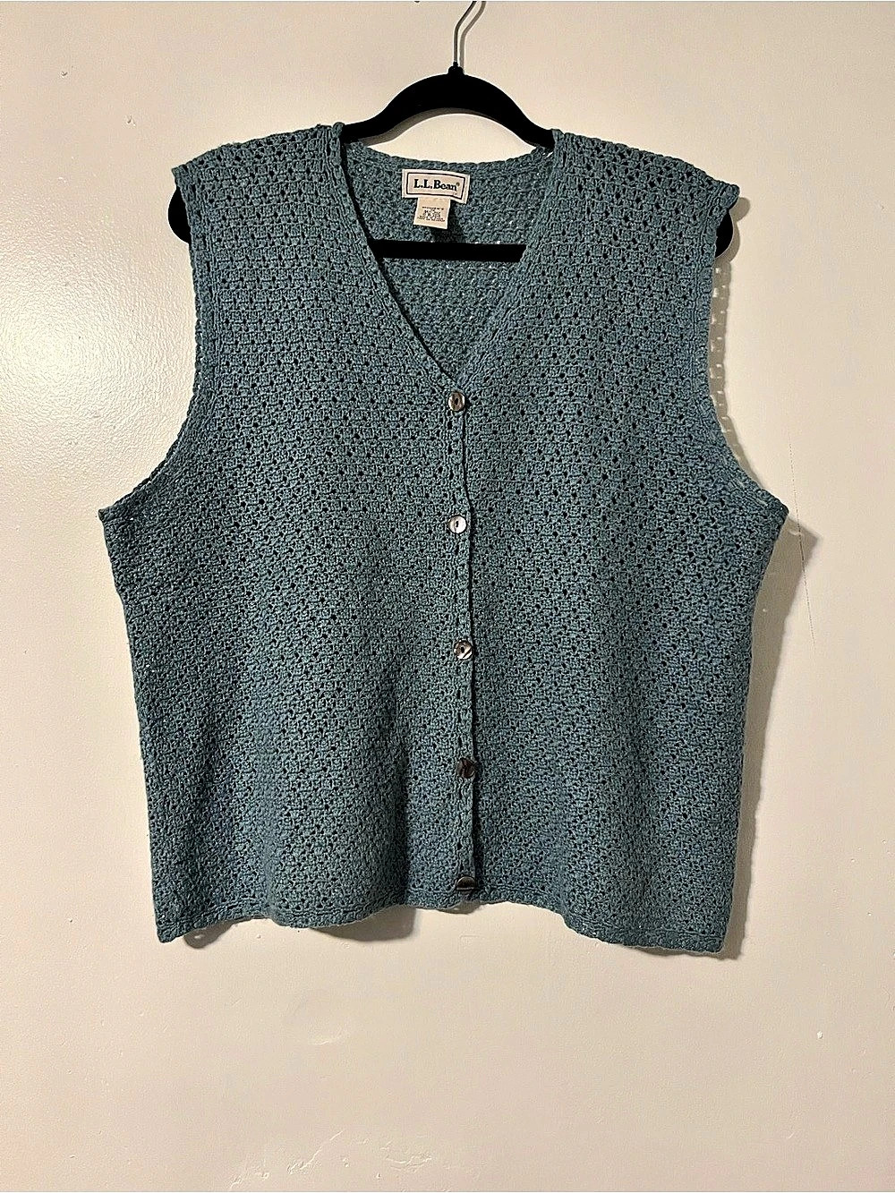 L.L.Bean Women's Blue Crochet SILK-WOOL Button front Vest Size 1X